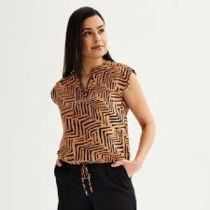 Nine West Tan and Black Geometric Cap-Sleeve Blouse